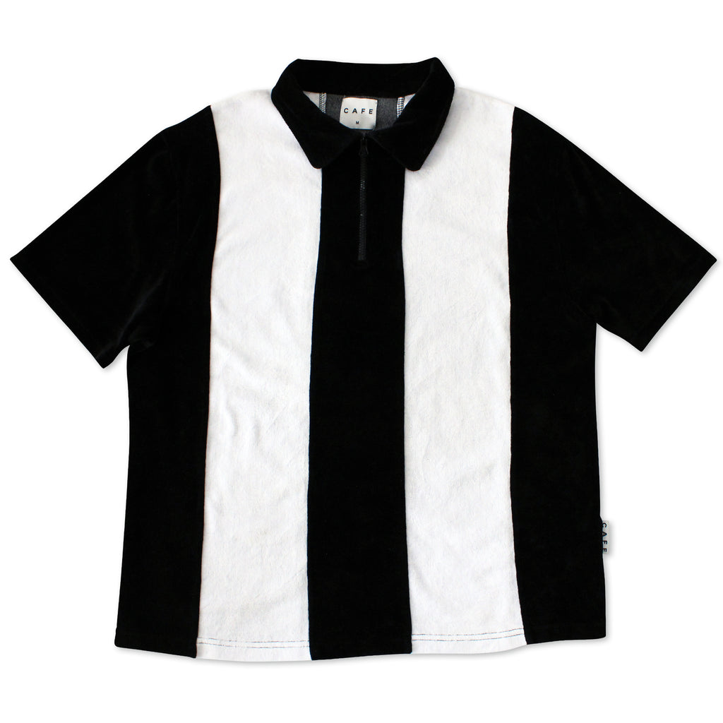Stripe 1/4 Zip Velour Polo Shirt (Black/White)