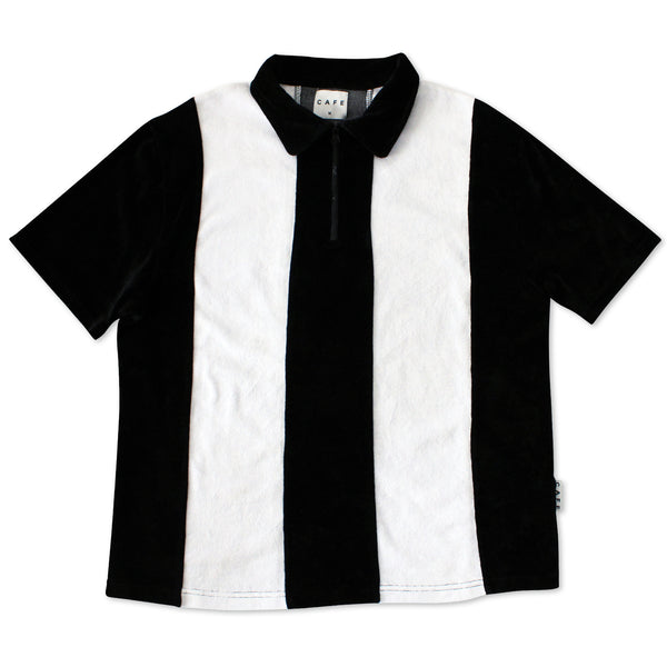 Stripe 1 4 Zip Velour Polo Shirt Black White